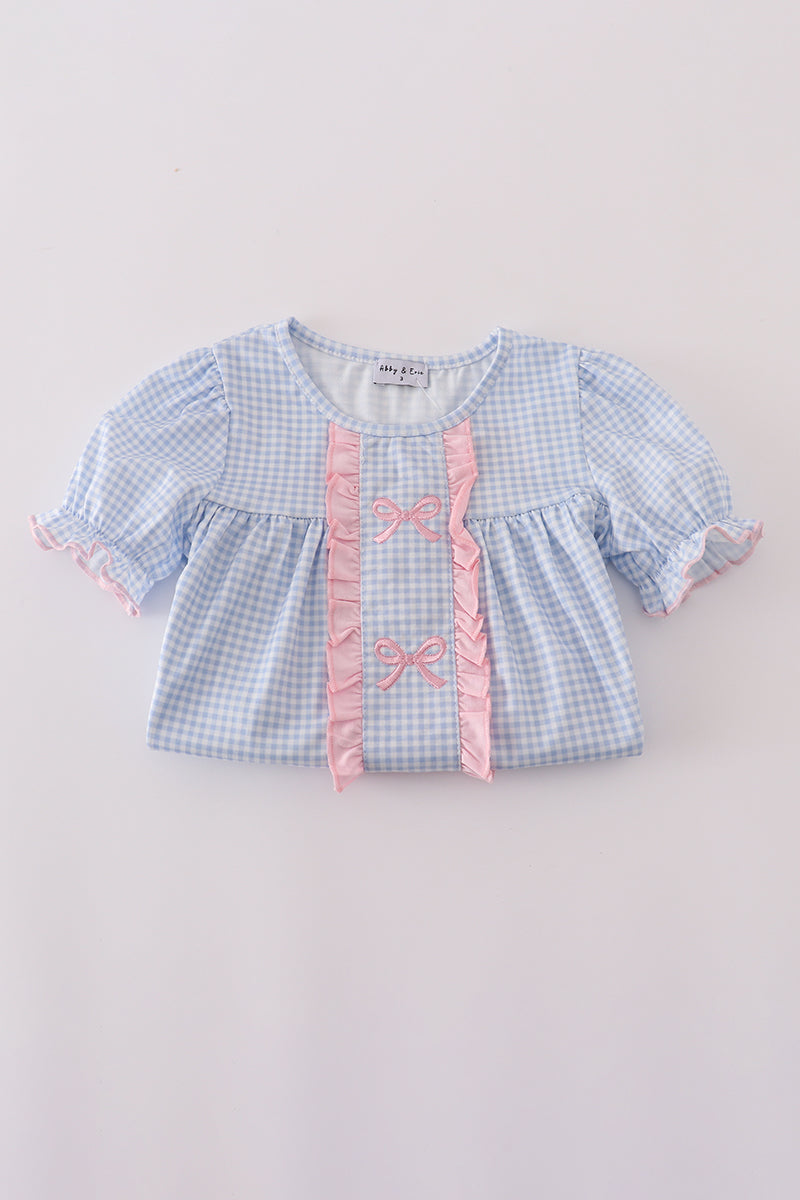 Blue bow embroidery gingham ruffle pants set