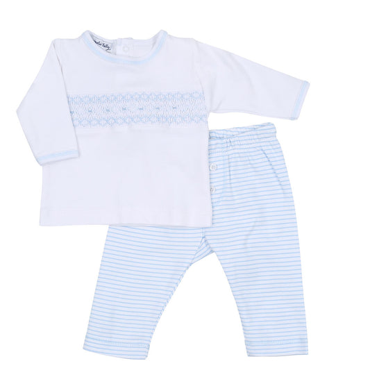 Katie and Kyle Blue Smocked Boy 2pc Pima Cotton Pant Set