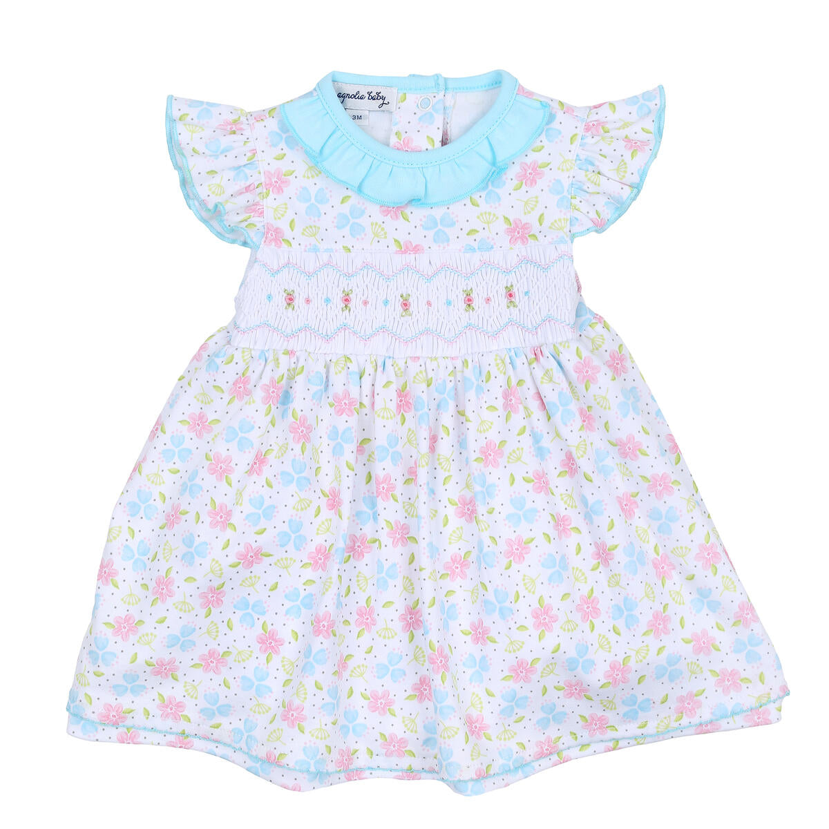 Natalie's Classics Sky Blue Hand Smocked Printed Flutters Pima Cotton Dress Set