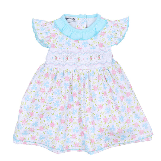 Natalie's Classics Sky Blue Hand Smocked Printed Flutters Pima Cotton Dress Set