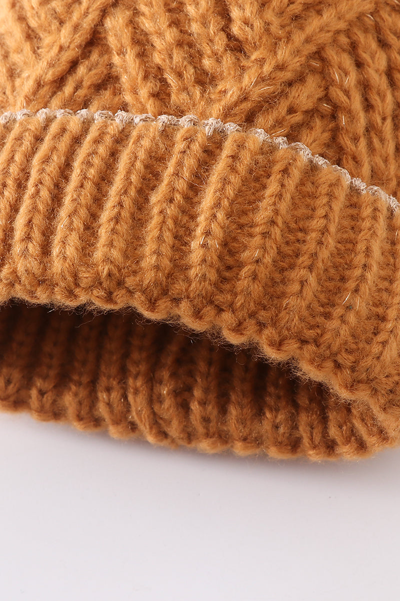 Camel cross cable knit pom pom beanie hat baby toddler adult