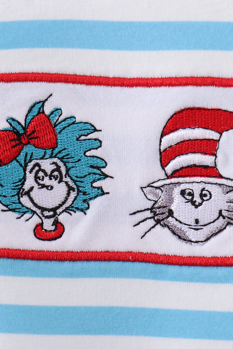 Blue character embroidery stripe ruffle romper