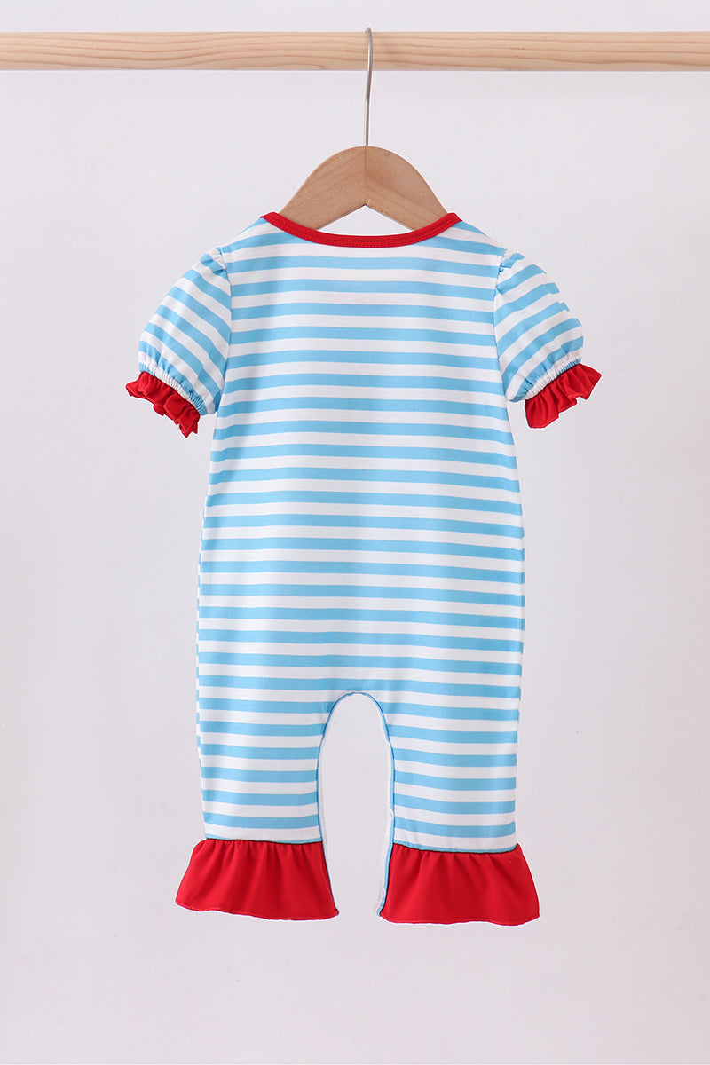 Blue character embroidery stripe ruffle romper