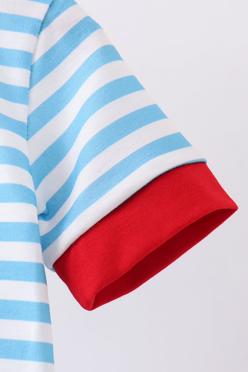 Blue character embroidery stripe romper