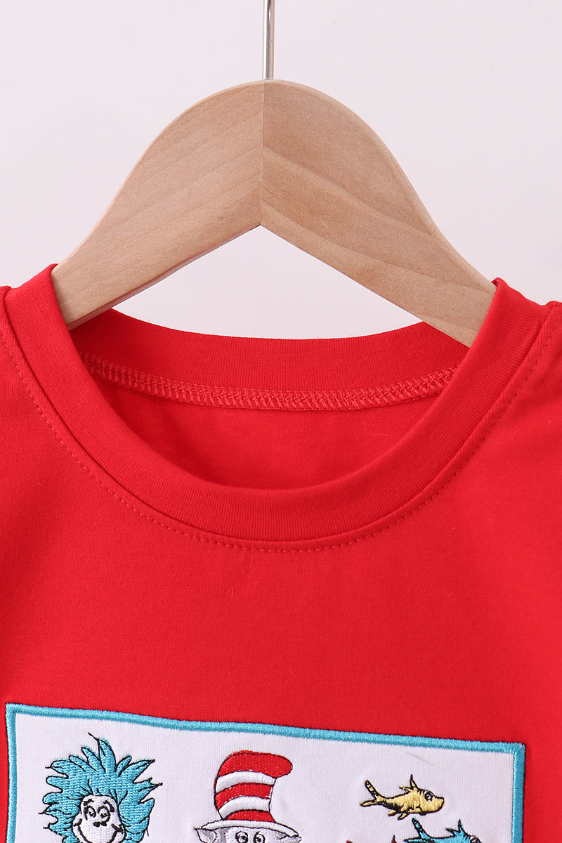 Red character embroidery top