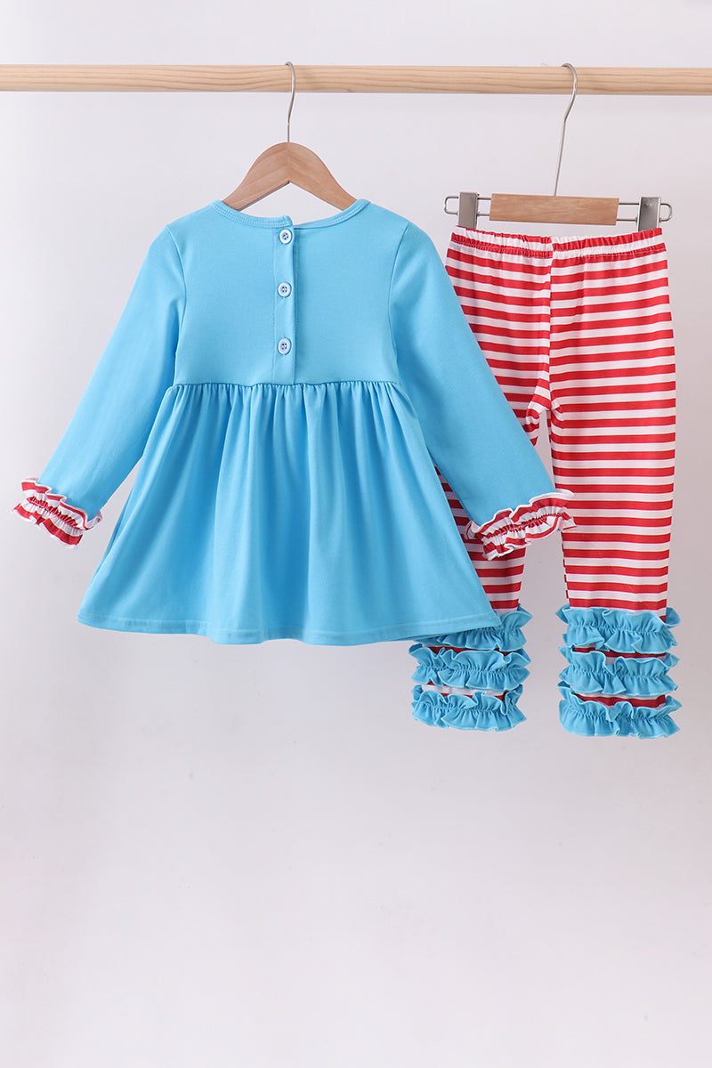 Blue character embroidery pants set