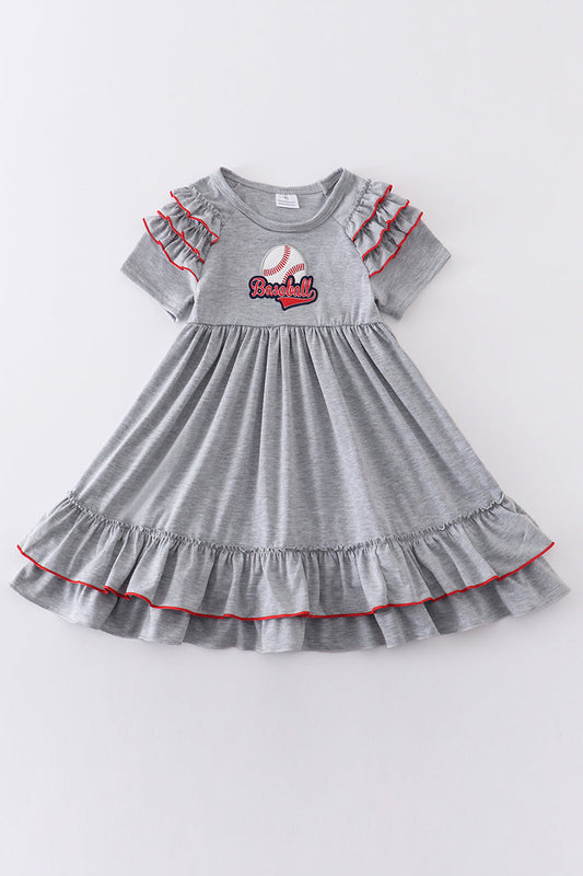 Grey baseball applique ruffle dress