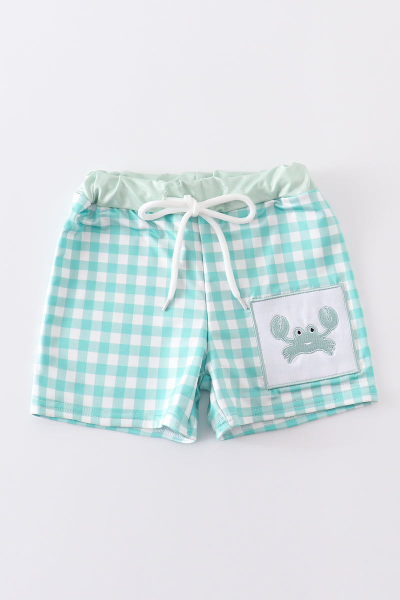 Green plaid crab embroidery boy swim trunks