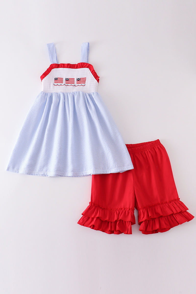 Patriotic flag embroidery seersucker girl set