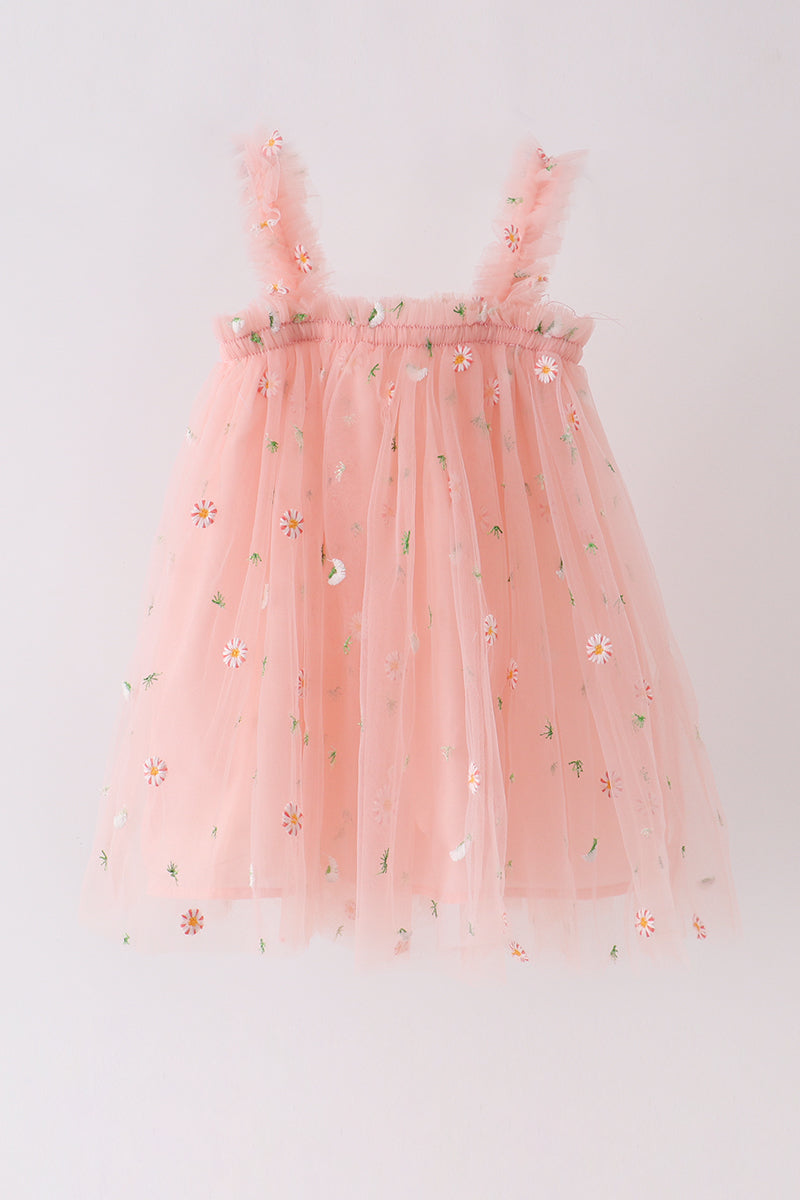 Pink strap daisy embroidery tulle dress