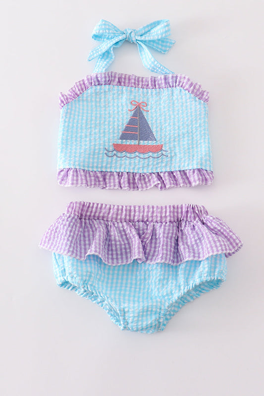 Green seersucker sailboat embroidery 2pc girl swimsuit