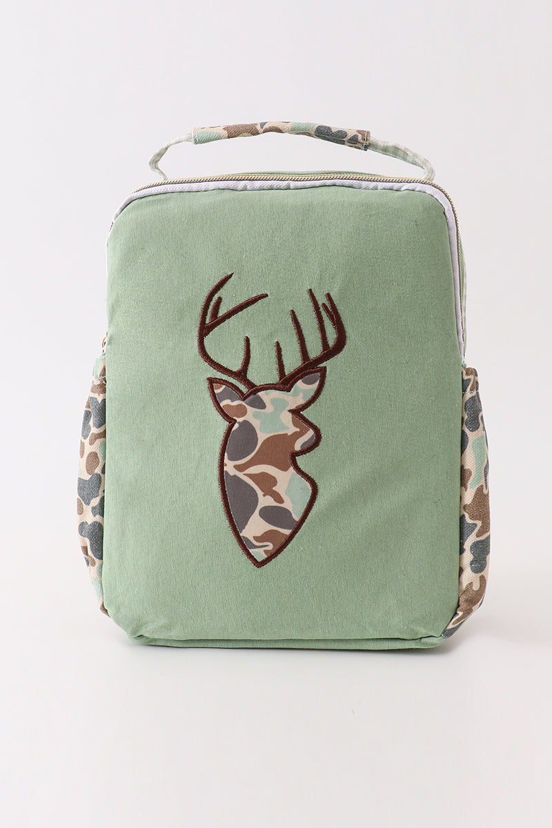 Green camouflage reindeer applique lunch bag