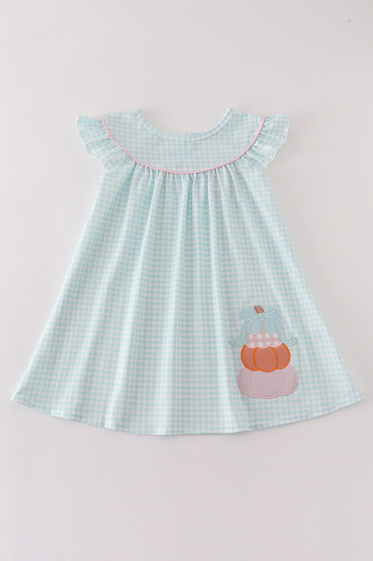 Blue pumpkin applique plaid dress