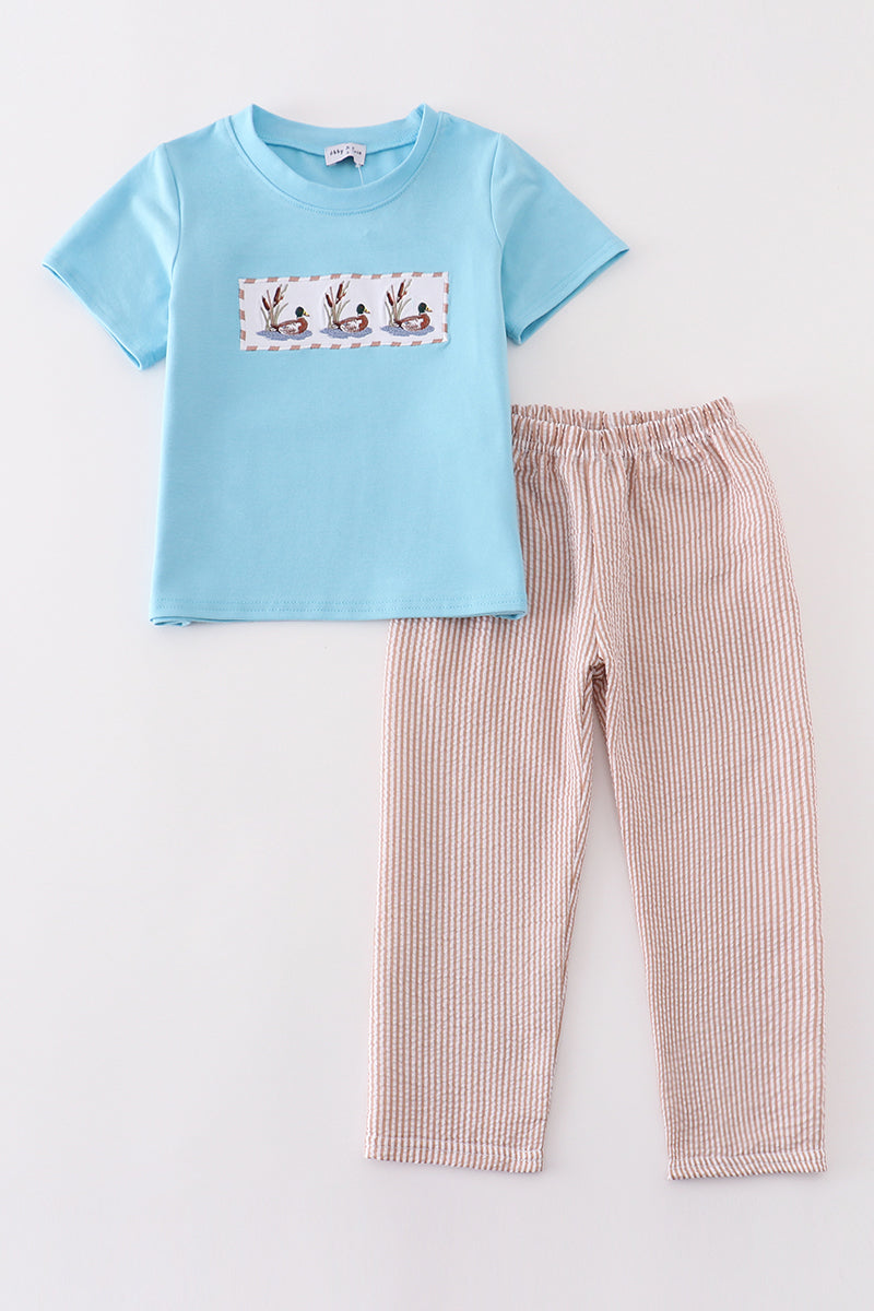 Blue duck embroidery boy set