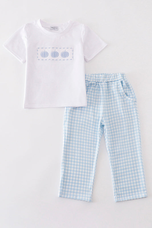 Blue pumpkin embroidery plaid boy set