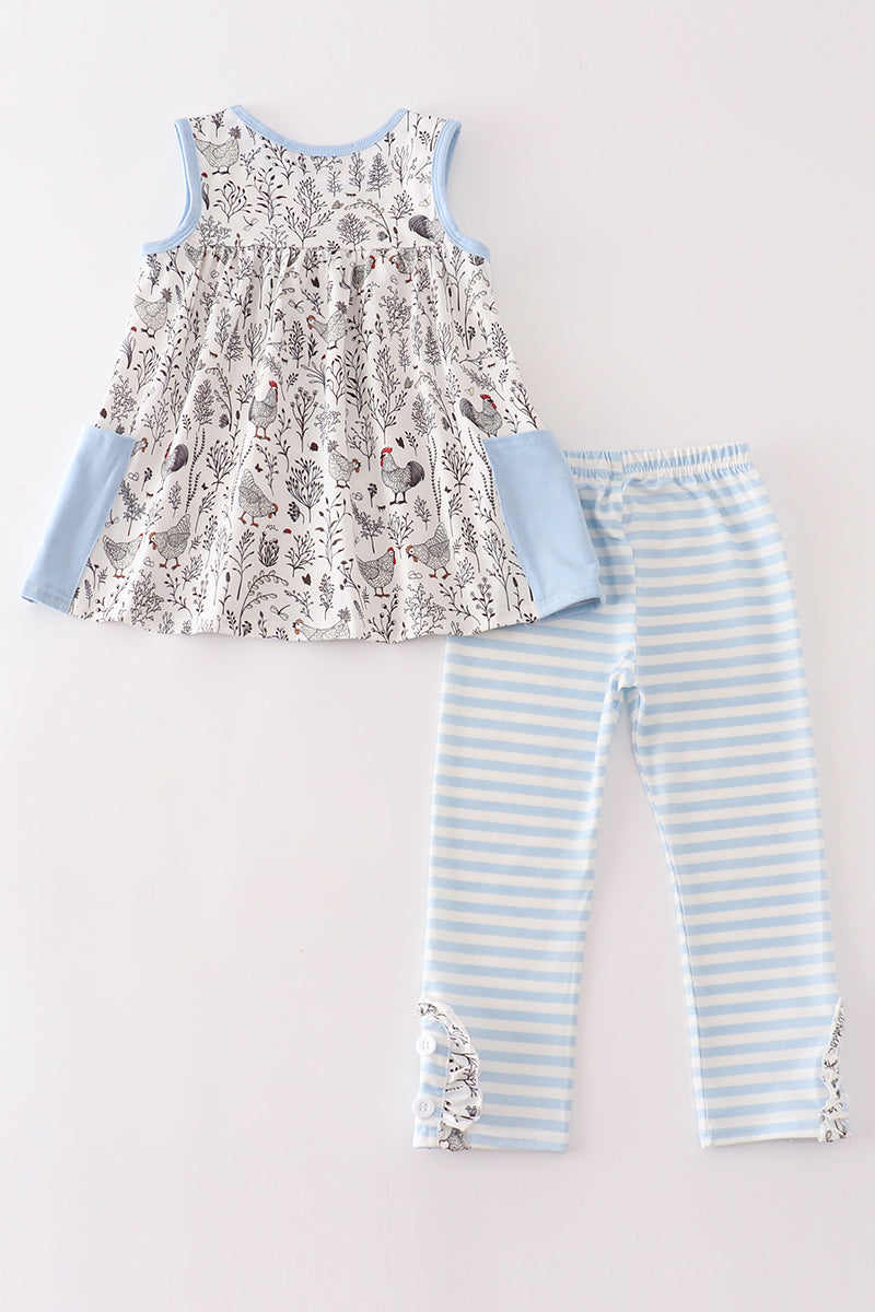 Blue stripe chicken print girl set