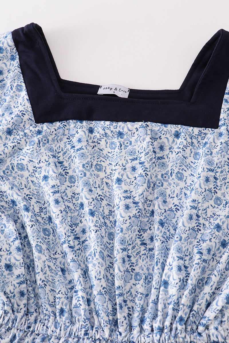 Blue floral print tiered mom ruffle dress