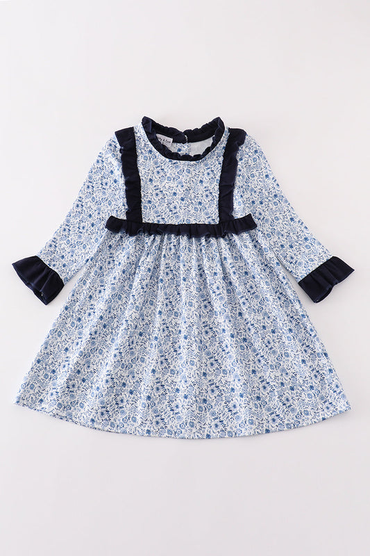 Blue floral print ruffle girl dress