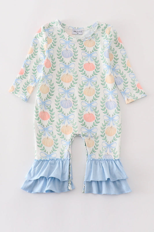 Blue pumpkin print girl romper