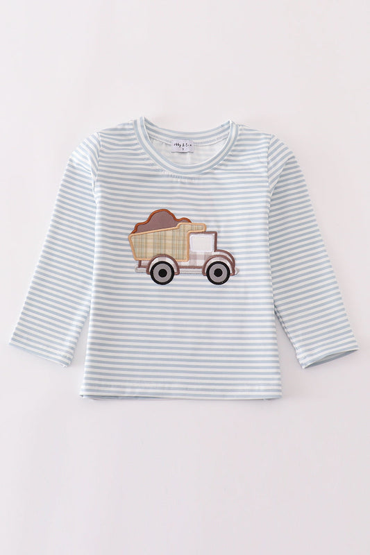 Blue stripe muck car applique boy top