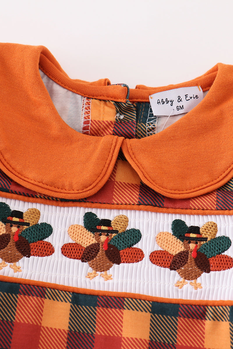 Orange turkey embroidery plaid smocked boy bubble