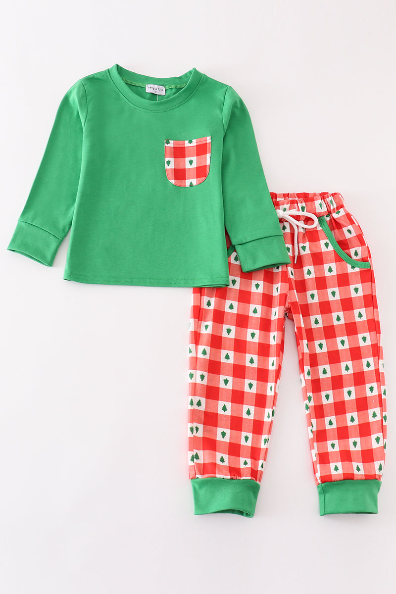 Red christmas tree gingham boy set