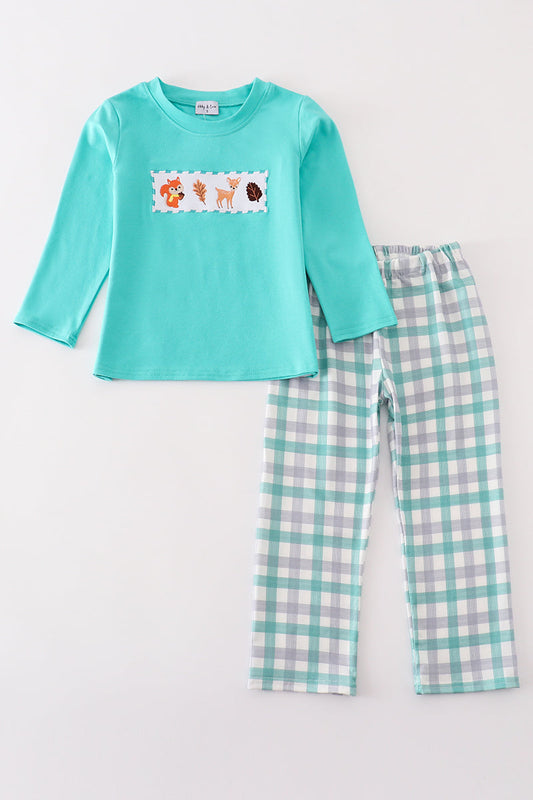 Teal floral print forest animal embroidery boy set