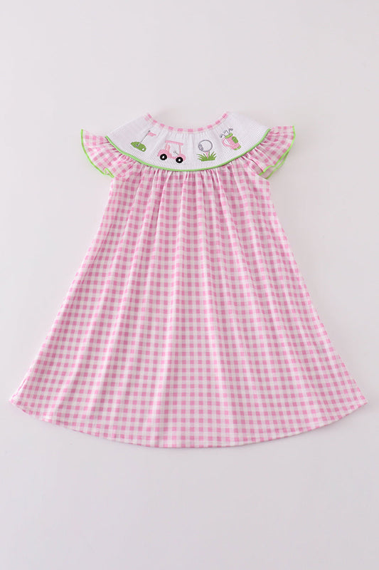 Pink golf embroidery gingham girl dress