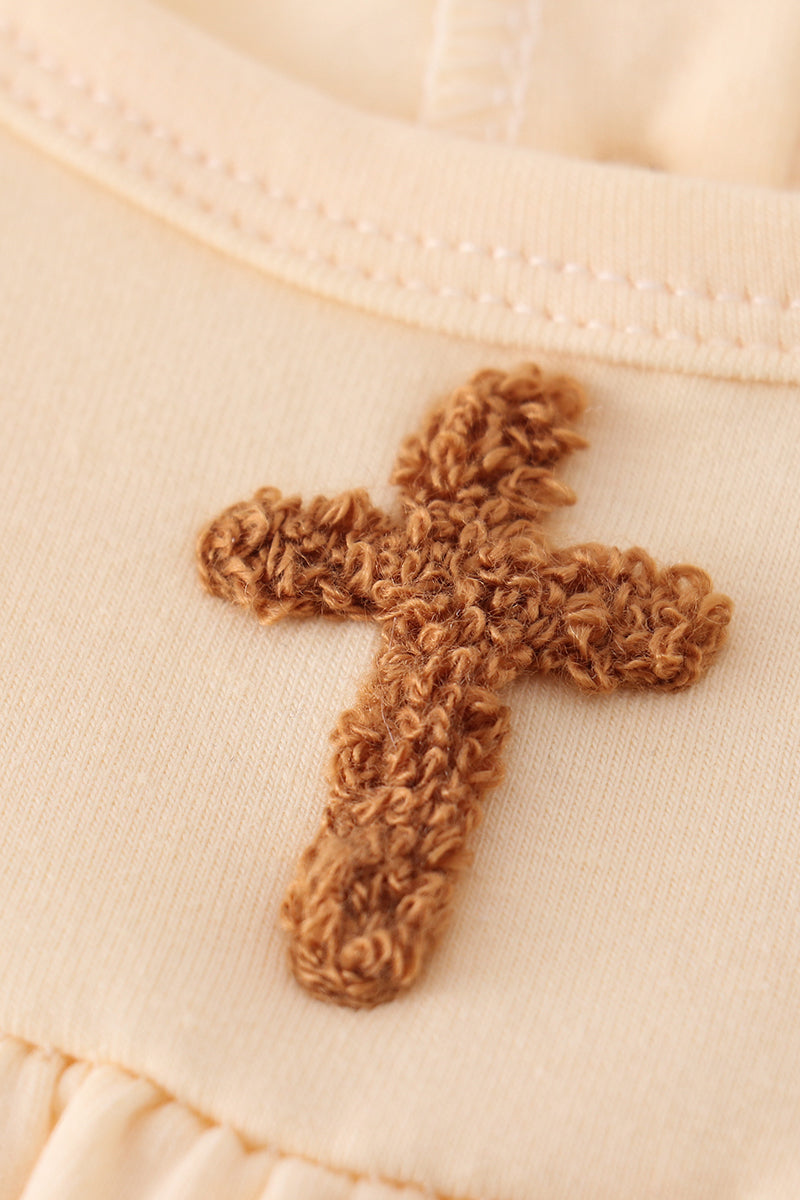 Beige easter cross french knot girl dress