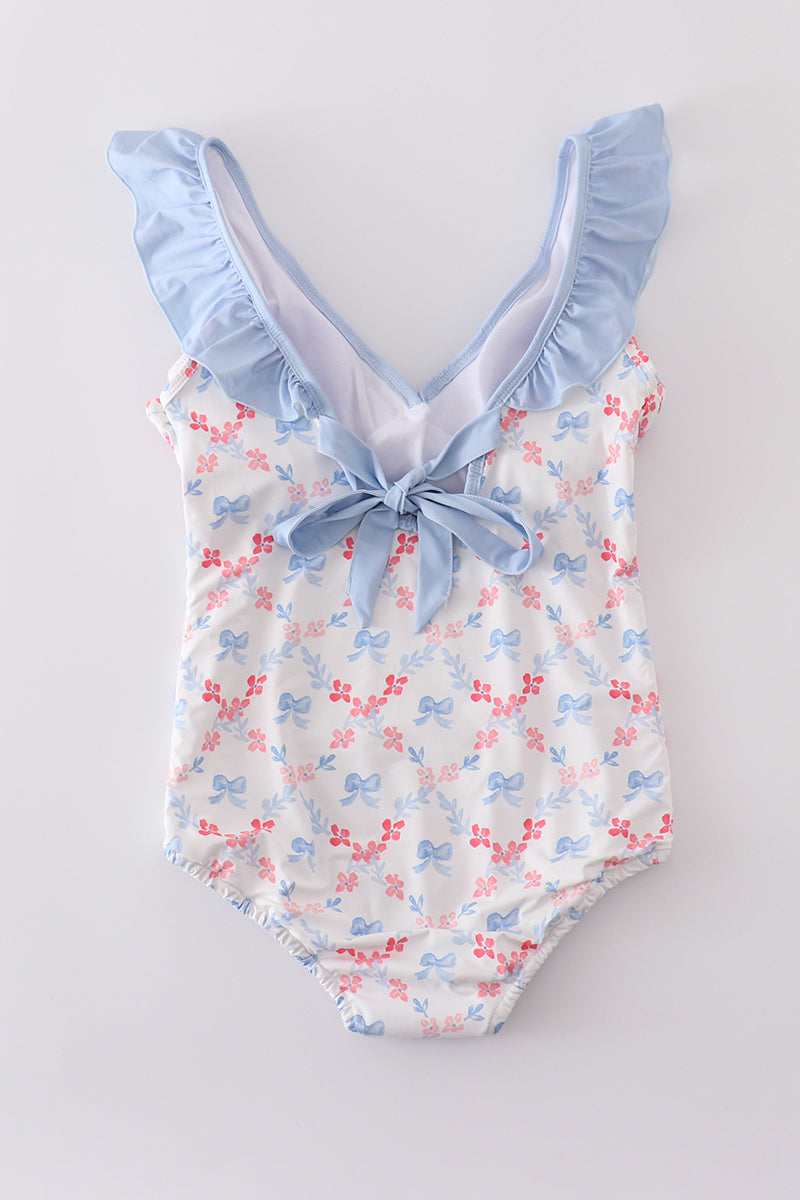 Blue bow lattice print  mom swimsuit