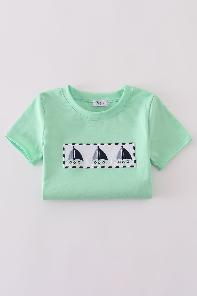 Green seersucker sailboat embroidery top