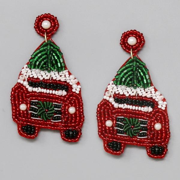 Christmas Tree Truck Seed Beaded Drop Earrings - OBX Prep