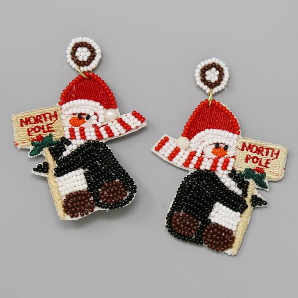 Christmas North Pole Penguin Seed Beaded Drop Earrings - OBX Prep