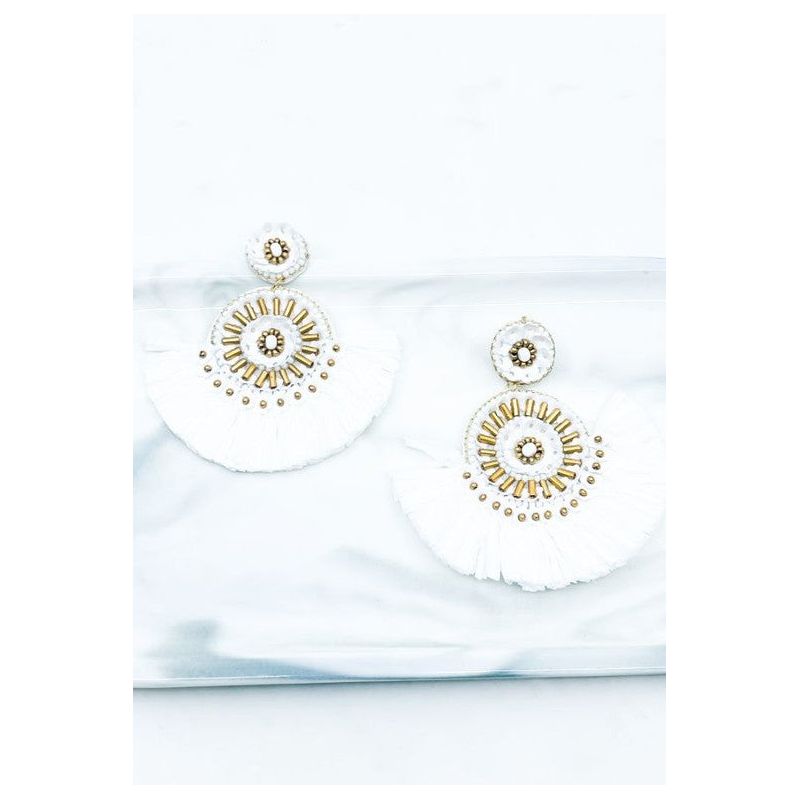 Raffia Fringe Sequin Flower Disc Drop Earrings - OBX Prep