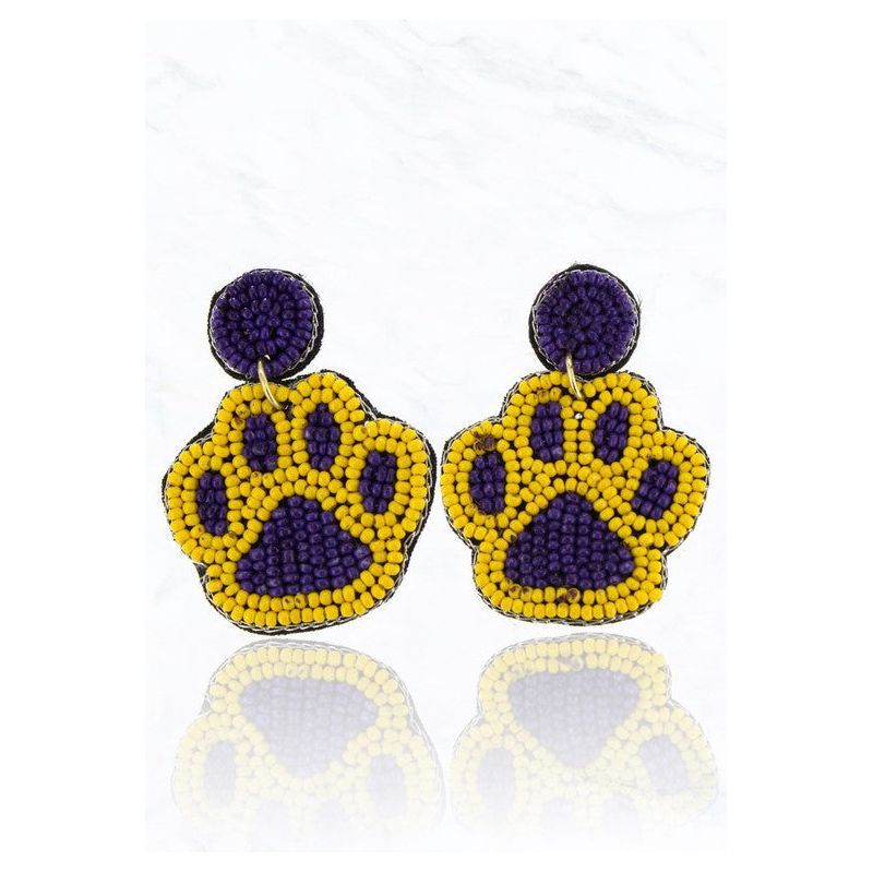 Paw Print Seed Beaded Earrings - Blue/White, Yellow/Purple, Black/Red - OBX Prep