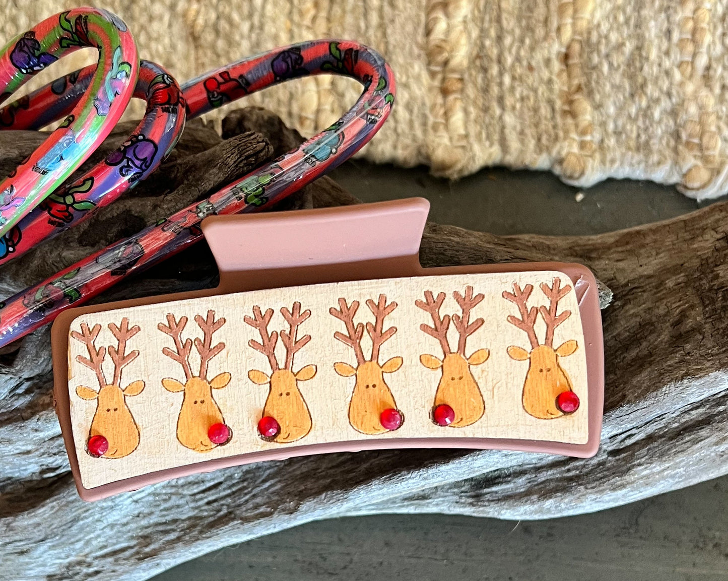 Santa's Reindeer Christmas Hair Claw Clip – Hand-Painted Wooden Design (4 Inches).