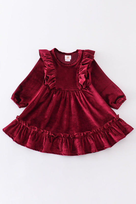 Maroon ruffle velvet dress