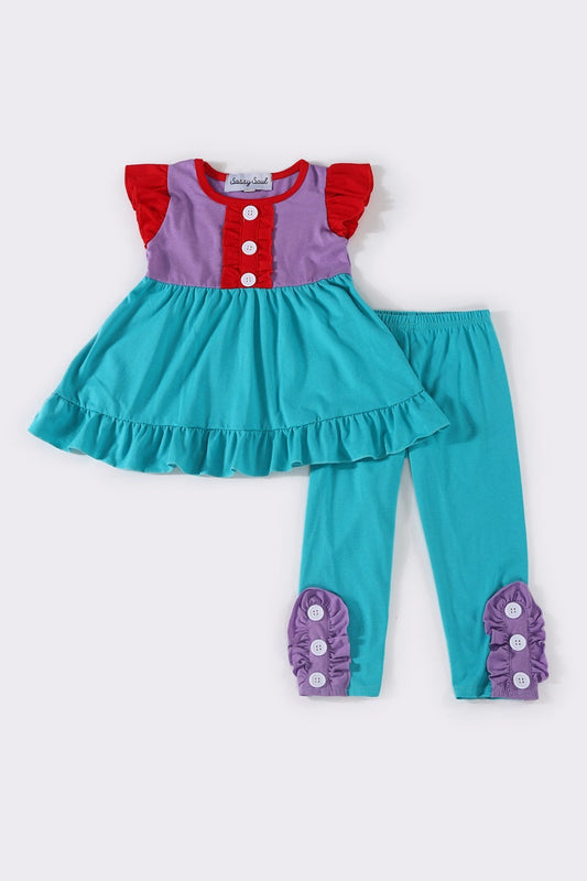 Teal girl ruffle pants set