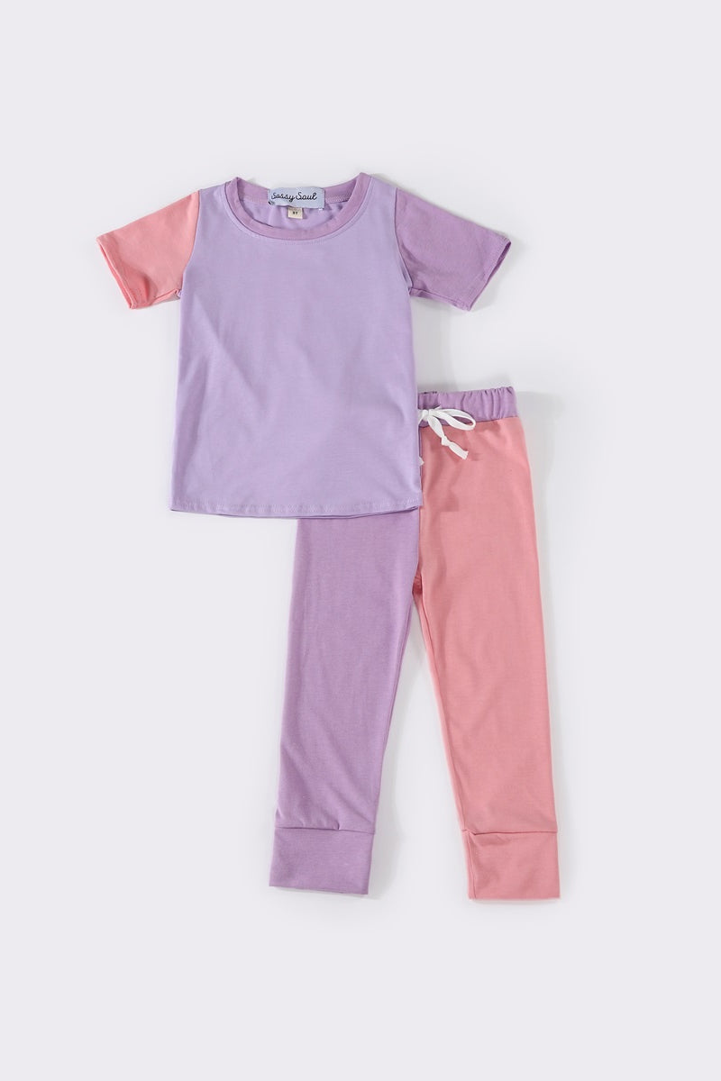 Purple color block girl pants set