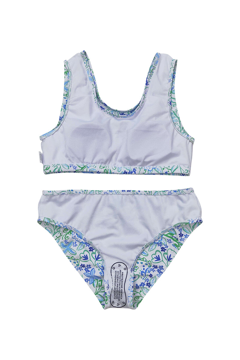 Blue floral print ruffle 2pc girl swimsuit