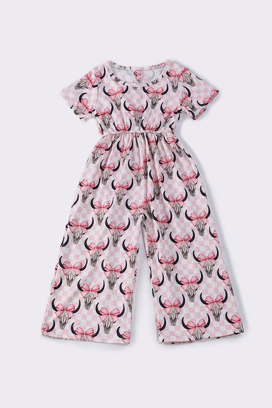 Pink cow plaid girl jumpsuit