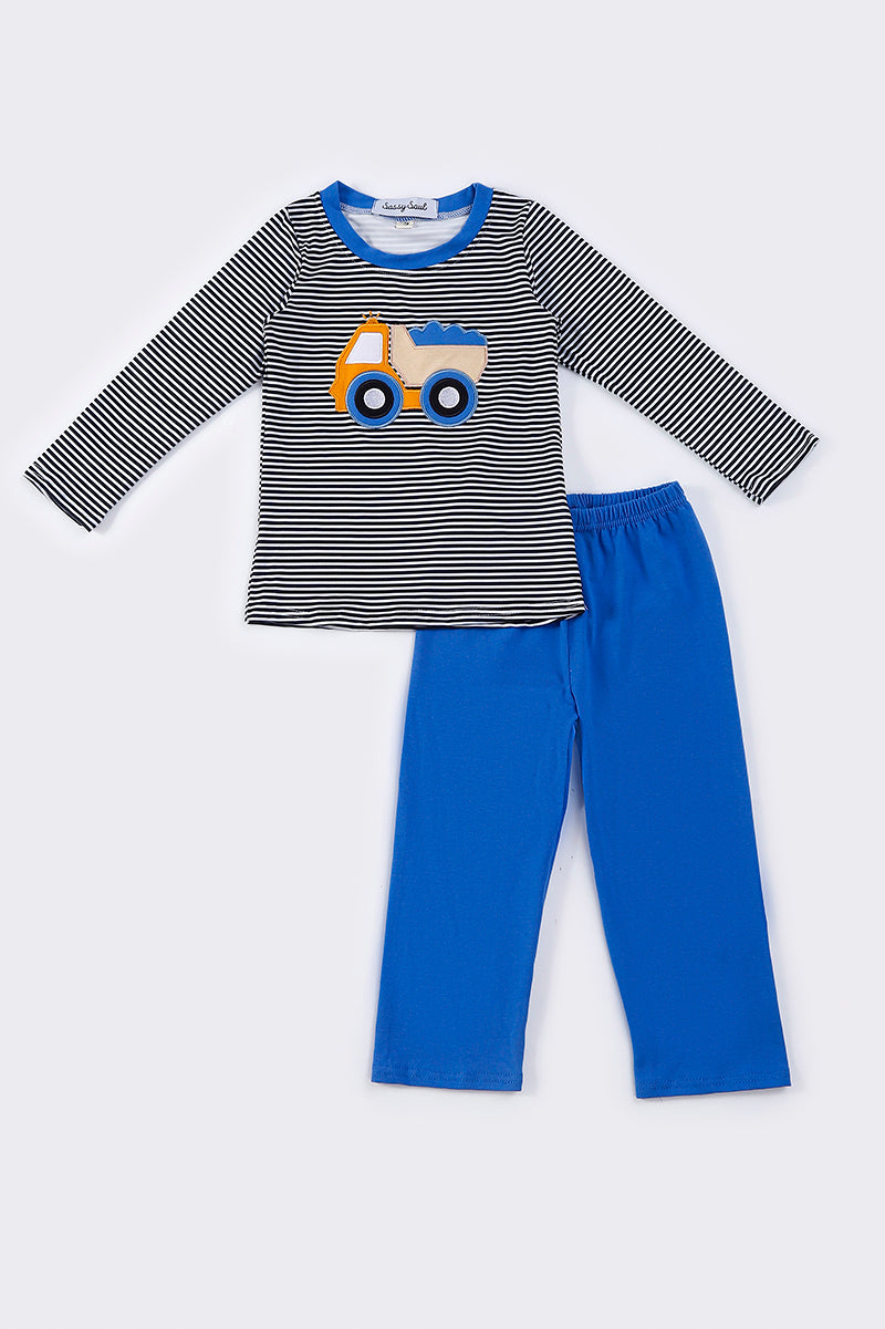 Blue truck applique stripe boy set