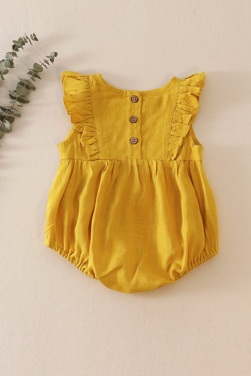 Mustard linen girl ruffle bubble