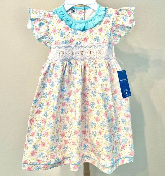 Natalie's Classics Sky Blue Hand Smocked Printed Flutters Pima Cotton Dress Set