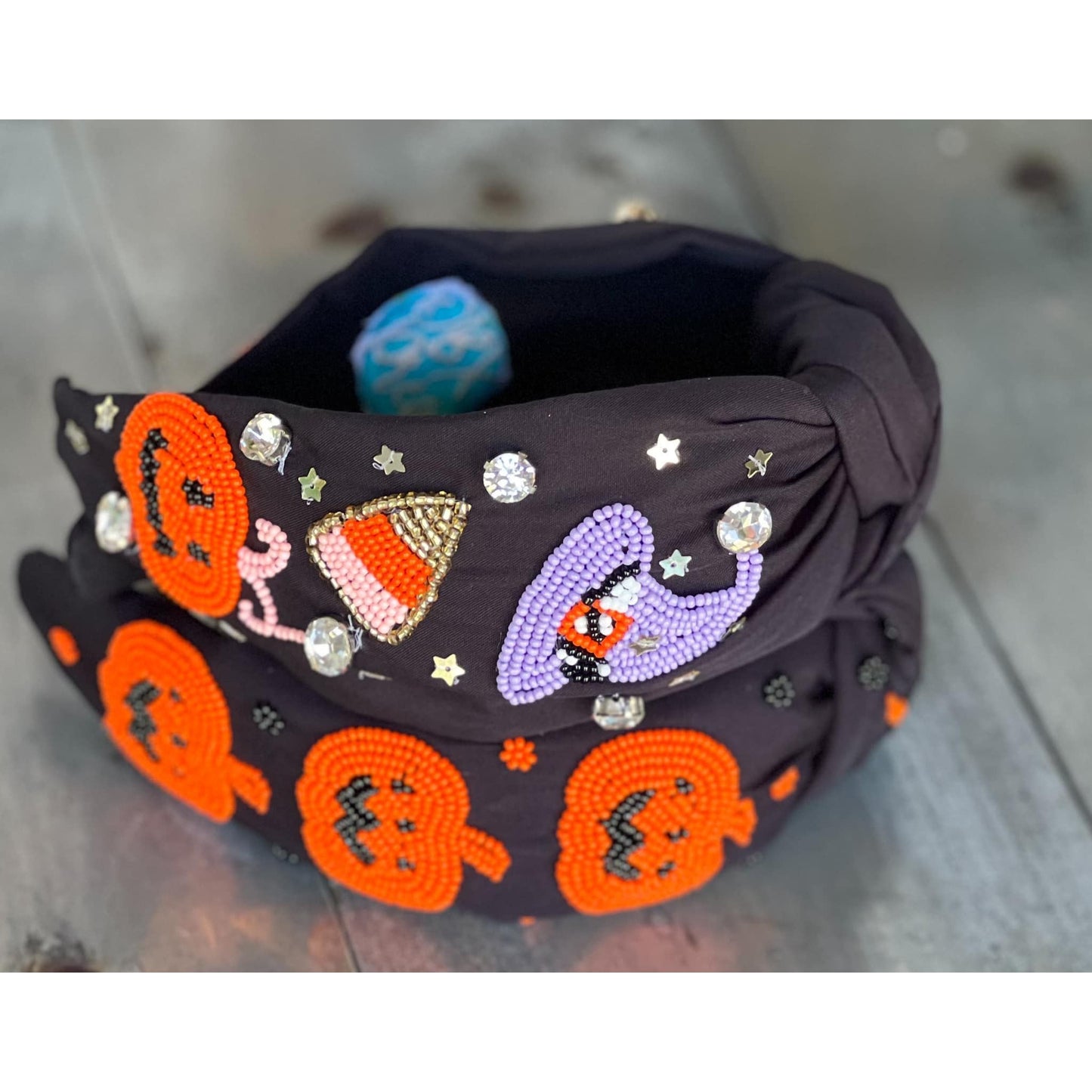 Jack O' Lantern Pumpkin Top Knot Beaded Handmade Headband - OBX Prep