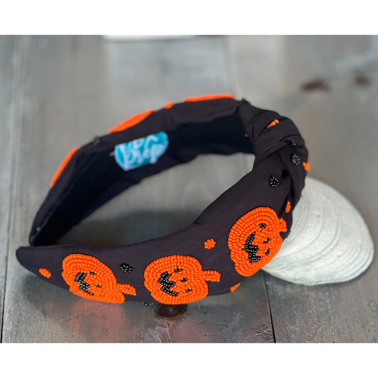 Jack O' Lantern Pumpkin Top Knot Beaded Handmade Headband - OBX Prep