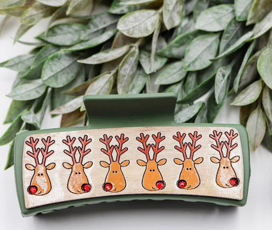 Santa's Reindeer Christmas Hair Claw Clip – Hand-Painted Wooden Design (4 Inches).