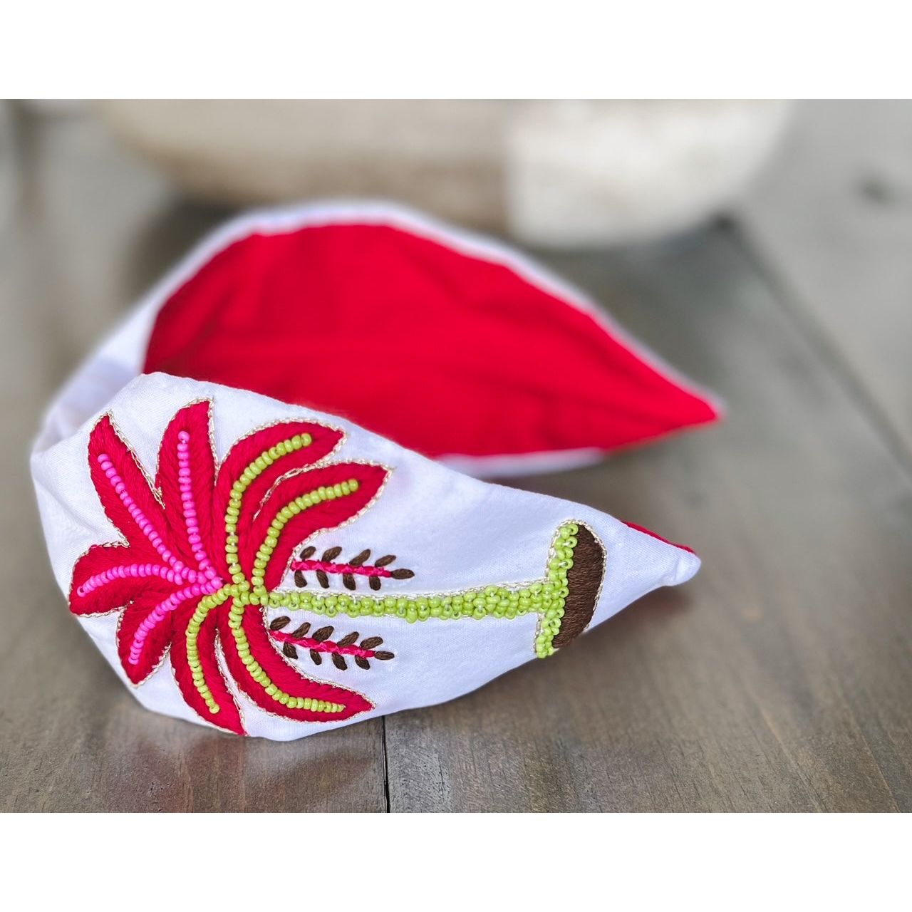 Pink Palm Tree Embroidered Seed Beaded Top Knot Headband - OBX Prep