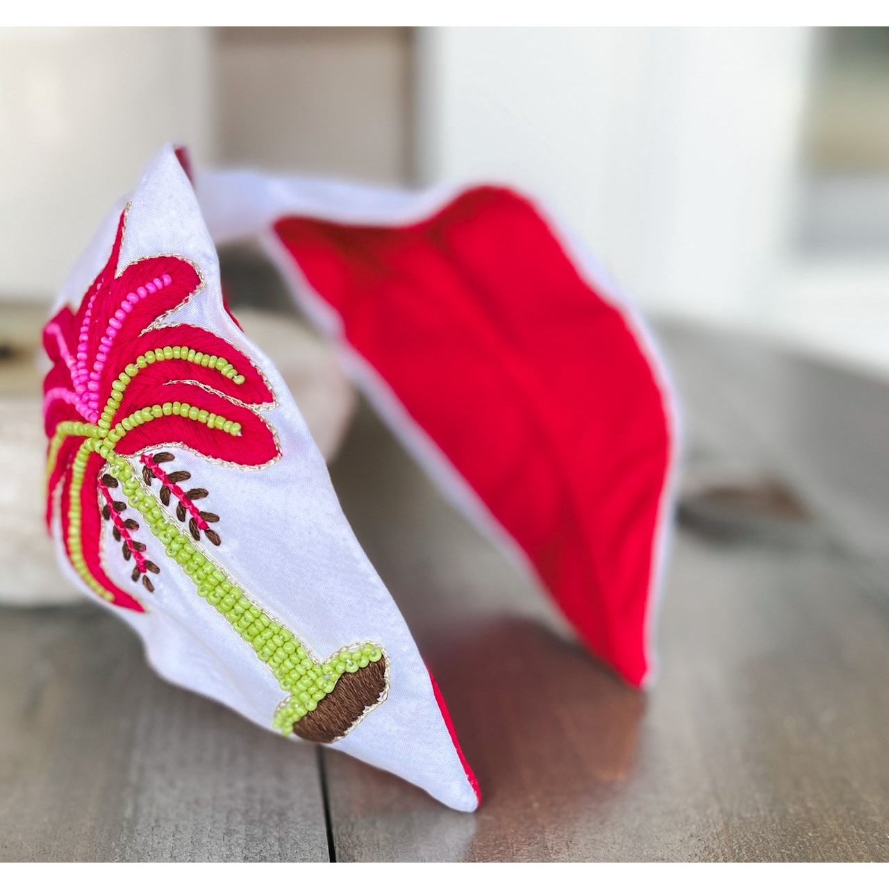 Pink Palm Tree Embroidered Seed Beaded Top Knot Headband - OBX Prep