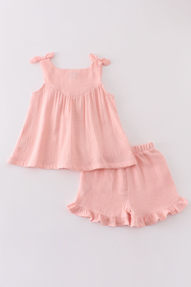 Premium Pink muslin bow shorts set